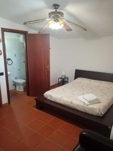 1 Schlafzimmer mit einem Bett mit einem Deckenventilator und einem Badezimmer in der Unterkunft Casa Siciliana Altarbiah in Trabia
