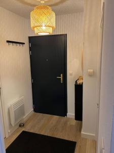 einen Flur mit einer schwarzen Tür und einem schwarzen Teppich in der Unterkunft Studio confortable aux portes de Bordeaux et Médoc in Ludon-Médoc