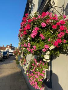 a bunch of flowers hanging on the side of a building at The Swan Hotel, Alresford in Winchester