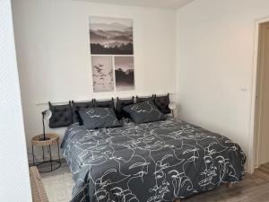 Saint-Julien-Beychevellebelle demeure médocaine charme et convivialité的卧室里有一张床，床铺是黑白相间的棉被