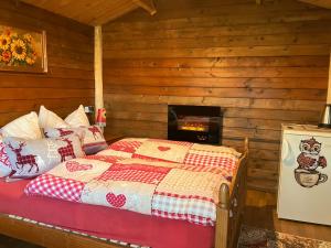 1 dormitorio con 1 cama en una cabaña de madera en Schlafkota vom Friesenhof Wieratal 