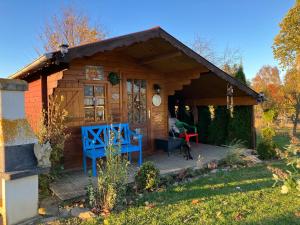 una pequeña casa de madera con un banco azul delante de ella en Schlafkota vom Friesenhof Wieratal 