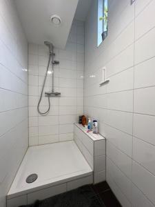 een witte badkamer met een douche en een wastafel bij Stadslogement Goudsteeg 19B in Zwolle