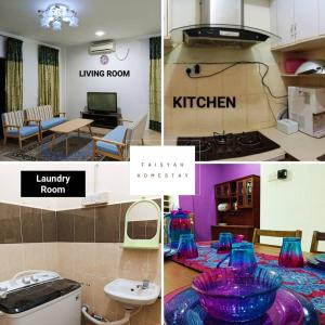 a collage of photos of a living room and kitchen at FAISYAH HOMESTAY in Lahad Datu