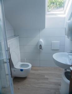 a white bathroom with a toilet and a sink at HOSTEL VANEČA in Puconci
