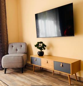 uma sala de estar com uma cadeira e uma televisão na parede em Pluton em Montpellier