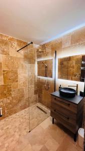 La salle de bains est pourvue d'une douche en verre et d'un lavabo. dans l'établissement Pluton, à Montpellier