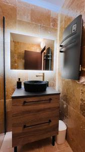 uma casa de banho com um lavatório em cima de um toucador em Pluton em Montpellier