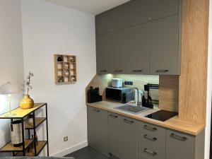 uma cozinha com um balcão com um lavatório e um micro-ondas em Sana Ski apartment 313A in Flora, Borovets em Borovets