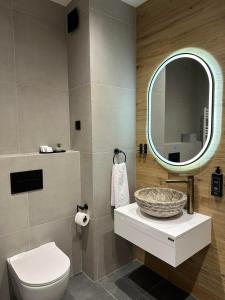 uma casa de banho com um lavatório, um WC e um espelho. em Sana Ski apartment 313A in Flora, Borovets em Borovets