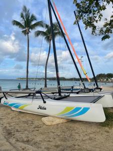 two boats sitting on the beach with palm trees at Plage St-Anne T2 balcon in Sainte-Anne