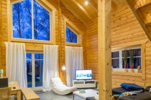 a living room in a log cabin with a television at Ferienhaus Nordic in Lembruch
