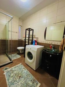 a bathroom with a washing machine and a shower at Fron's Apartment in Pristina