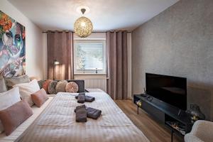 a living room with a couch and a television at Apartments Centrum Hviezdoslav in Poprad