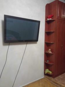 une télévision à écran plat suspendue sur un mur à côté d'une étagère dans l'établissement ბინა, à Tbilissi