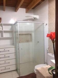 a bathroom with a glass shower with a toilet at Chalé Paraíso Corumbau in Prado