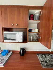 a kitchen with a microwave and wooden cabinets at alojamiento 3 dormitorios in Santiago