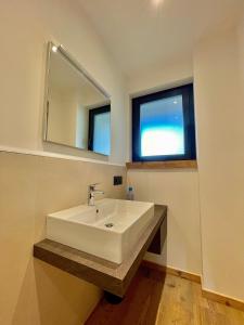 uma casa de banho com um lavatório branco e um espelho. em Le Stue em Pieve di Cadore