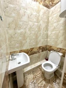 Двухкомнатная элитка Ала-Арча في بيشكيك: حمام مع مرحاض ومغسلة