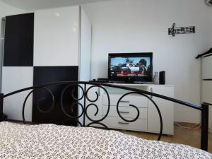 um quarto com uma cama e uma televisão numa cómoda em Apartment Modena Novi Sad em Novi Sad