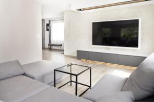 a living room with a couch and a tv on a wall at Entire modern villa with outdoor swimming pool! in Treyvaux