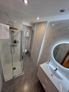 a bathroom with a shower and a sink and a mirror at El Balcón de Miguel in Logroño