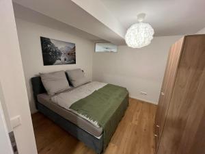 a bedroom with a bed in a room with a chandelier at Business & Relax Wohnung direkt im Stadtkern Oettingens in Oettingen in Bayern