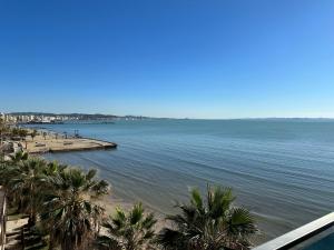 uma vista para uma praia com palmeiras e a água em Beach front Superior Apartment em Durrës