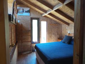 a bedroom with a blue bed and two windows at Tierras Bayas Mountain Refuge in Los Cipreses