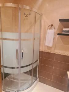 a shower with a glass door in a bathroom at Casa Rural La Botica in Jarandilla de la Vera +33 photos