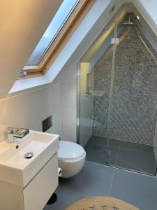 a bathroom with a shower and a toilet and a sink at Charming & Spacious 2BD House wGarden - Wimbledon in Raynes Park