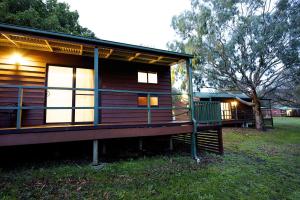 a log cabin with a porch and a tree at Lakes and Craters Holiday Park in Camperdown