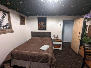 een slaapkamer met een bed met een bruine sprei bij Wildgoose Accommodations in Reston