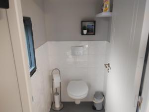 Gîte de charme في Barbazan: حمام أبيض صغير مع مرحاض ونافذة