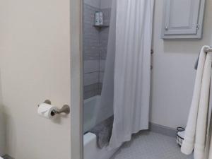 a bathroom with a shower curtain and a bath tub at Cozy Getaway in Lincoln! 