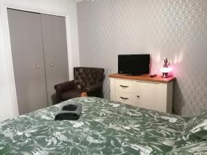ein Schlafzimmer mit einem Bett, einem Stuhl und einem TV in der Unterkunft Park House in Leicester