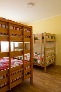 two bunk beds in a room with wooden floors at Cabaña Alto Arrayán in Pucón