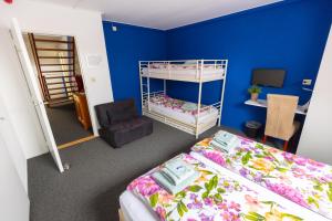 een slaapkamer met 2 stapelbedden en een blauwe muur bij De Oude Smidse in Westernieland