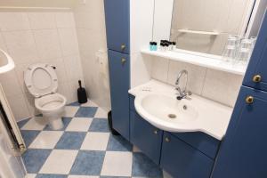 ein Badezimmer mit einem weißen WC und einem Waschbecken in der Unterkunft De Oude Smidse in Westernieland