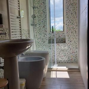 uma casa de banho com um lavatório, um WC e uma janela. em Casa di Campagna em Ronciglione