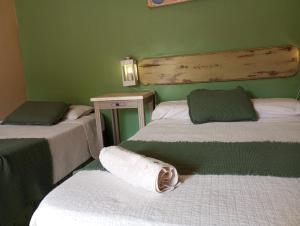 two beds in a room with green walls at Ára apart in Puerto Iguazú
