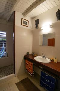 ein Bad mit einem Waschbecken und einem Spiegel in der Unterkunft romantic gwada in Saint-François