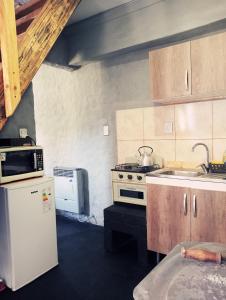 a kitchen with a stove and a sink and a refrigerator at Tierras Mágicas in Villa Pehuenia