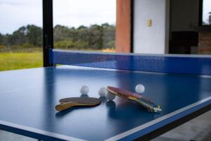 a blue ping pong table with two balls on it at CASA LOBO - La Pedrera -Luxury- Diseño junto al Mar in La Pedrera
