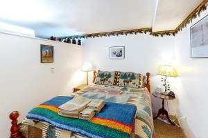 Joseph的住宿－60073 Wallowa Lake Hwy (lower unit)，一间卧室配有一张带彩色毯子的床