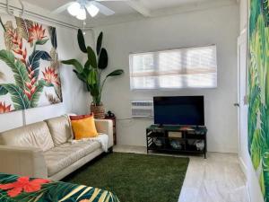 a living room with a couch and a television at Tropical Apartments in Miramar in San Juan