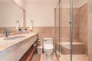 a bathroom with a toilet and a sink and a shower at Wonderful Apt at Casa de Campo in El Infiernito