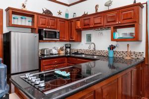 a kitchen with wooden cabinets and a stainless steel refrigerator at Dolphin Dreams Villa B3 in San Pedro