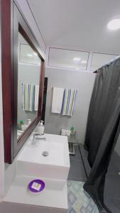 a bathroom with a white sink and a mirror at AHAVAH in Trou d'Eau Douce
