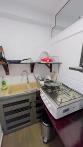 a kitchen with a stove and a sink in it at AHAVAH in Trou dʼ Eau Douce